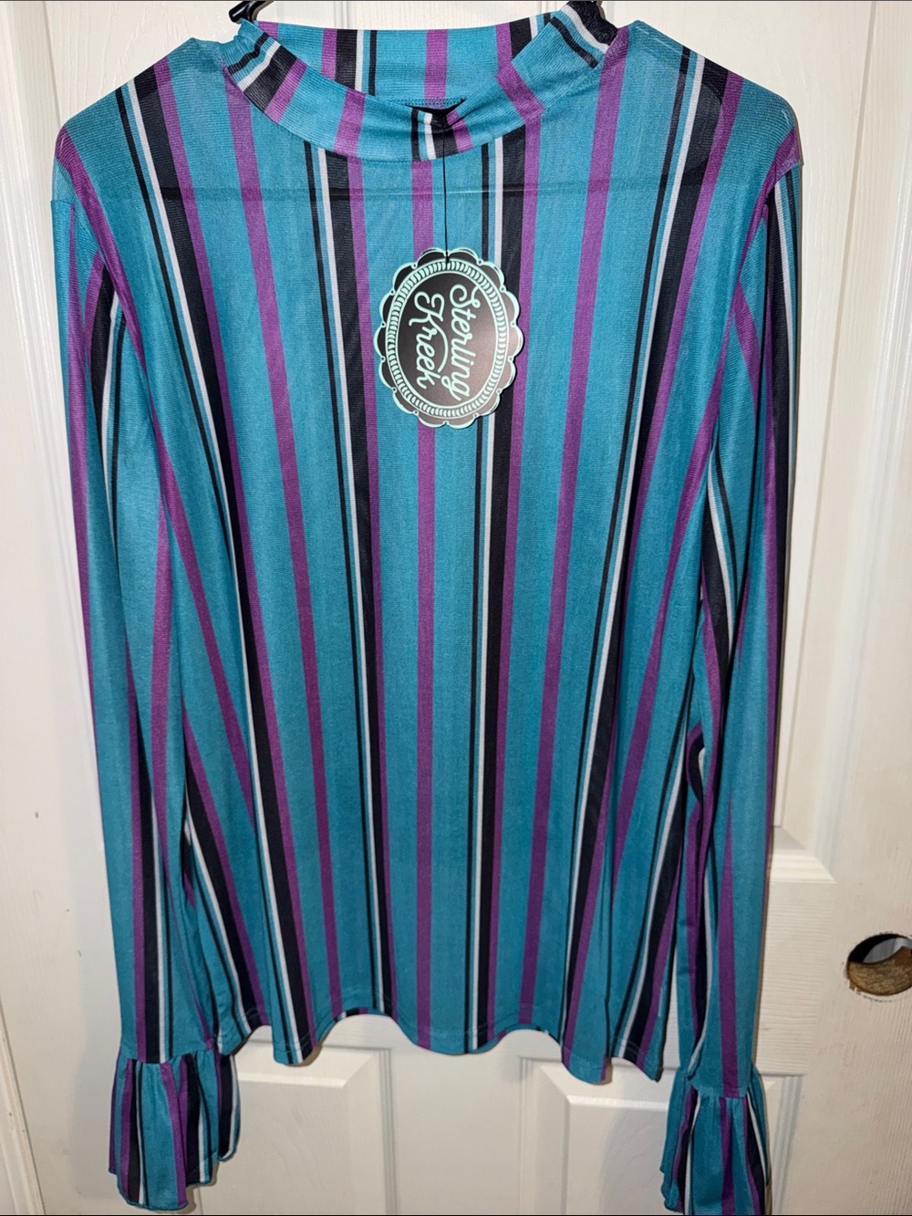 Striped Teal and Purple Mock Neck Long-Sleeve Top
